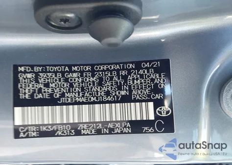 2021 Toyota Corolla Le из США, поврежденный, VIN JTDEPMAE0MJ184617